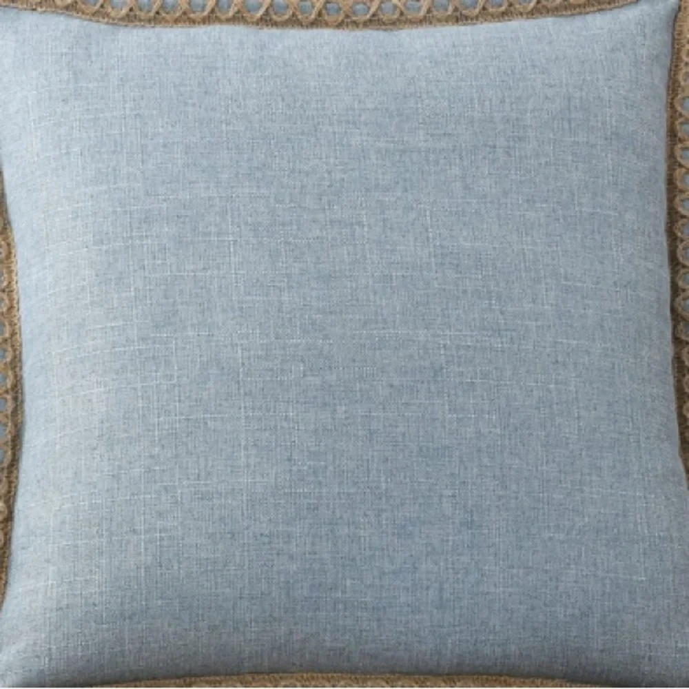 Blue LINEN Pillow Covers with Tan BURLAP Trim SQUARE 18x18” (2-Pack)